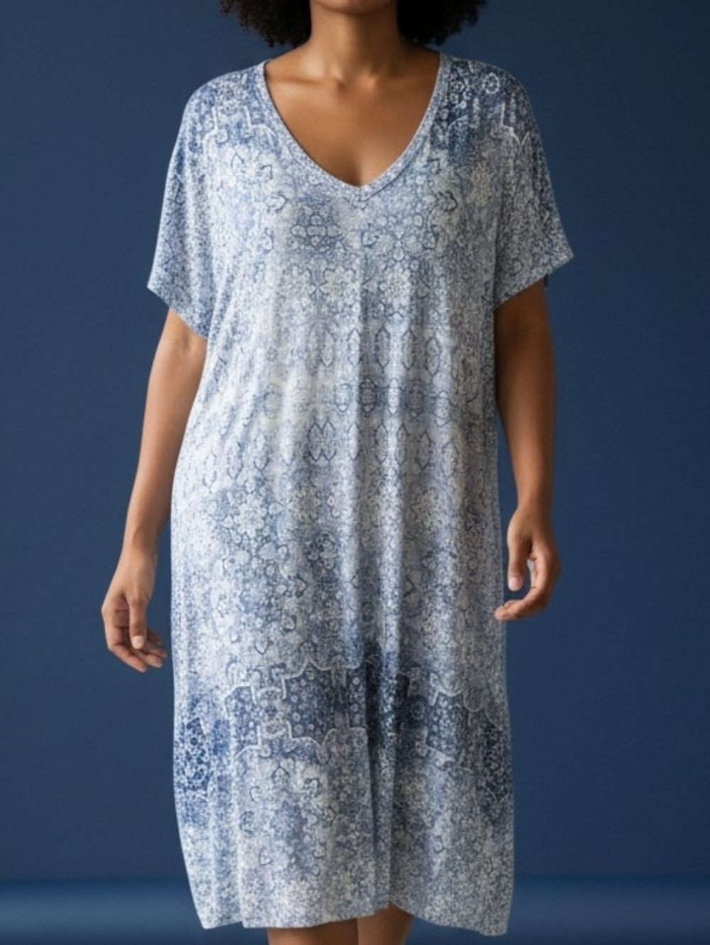 CYNTHIA ROWLEY Blue Patterned V-Neck Midi Dress